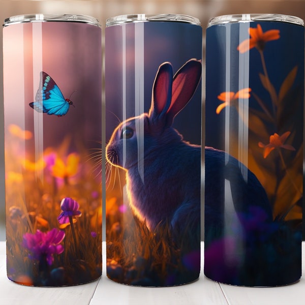 Nature's Harmony: Rabbit, Flowers, and Sunset - Sublimation Tumbler Digital Design - Instant Download PNG