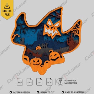 Escena de Halloween con fantasmas cortados con láser en capas: Arte de 7 capas (Descarga digital)