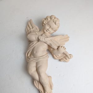 Cherub with Violin Wall Decor, Vintage Plaster Cherub. Vintage Cupid with Violin