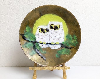 Owl Hand Painted Enamel Copper Vintage Plate with Stand