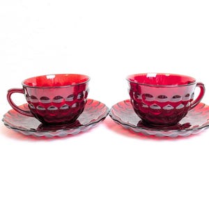 Royal Ruby Red Bubble Glass Cup and Saucer Sets – Vintage Anchor Hocking