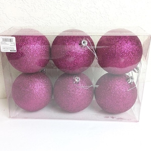 Hot Pink Shatterproof Christmas Ornaments, Glittery Hot Pink Christmas Ornament Set of 6