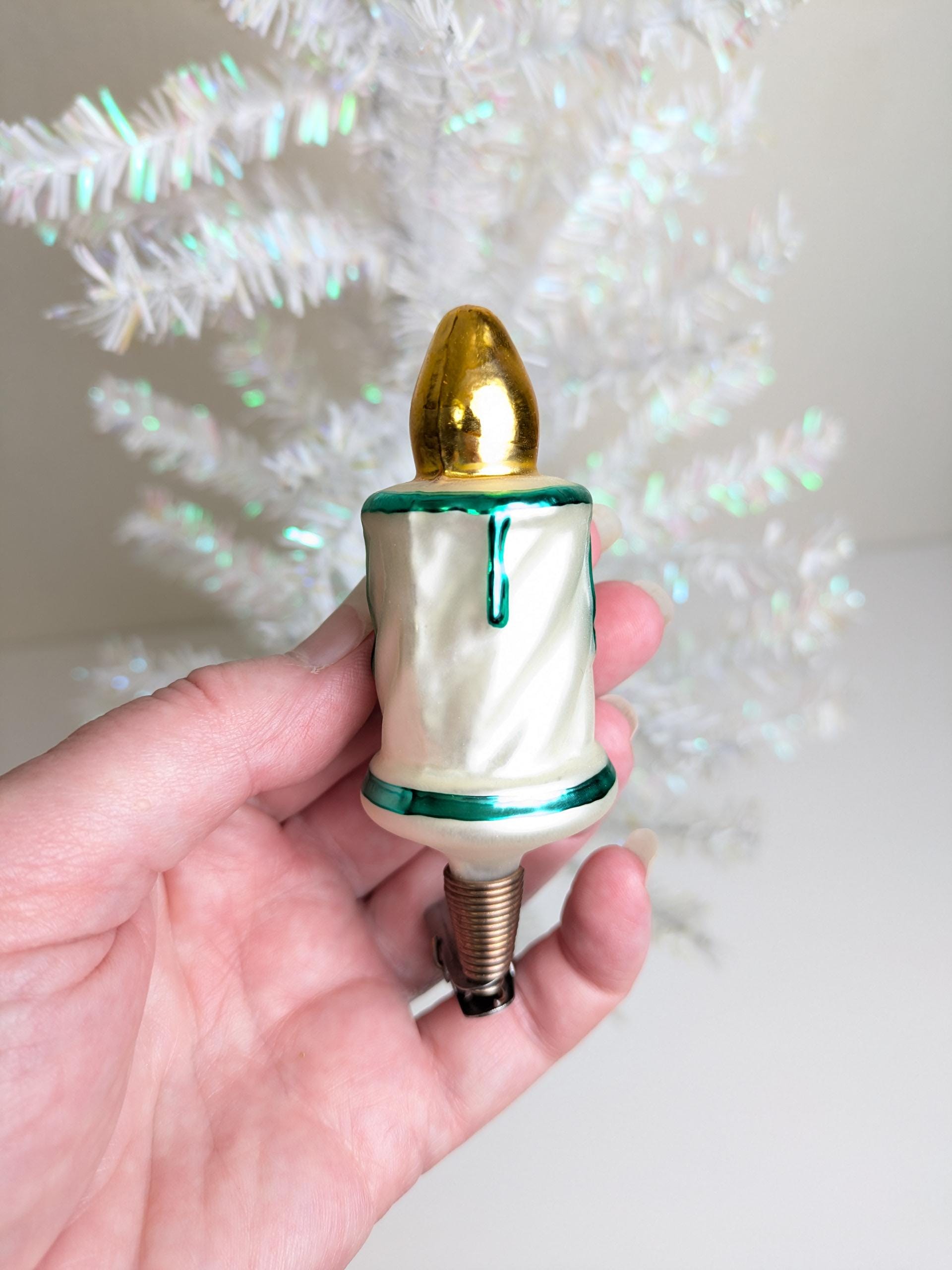 * vintage ornament ୨୧ キャンドル型 クリップオーナメント Vintage Candle Clip on Glass Christmas Ornament, MCM Glass Candle