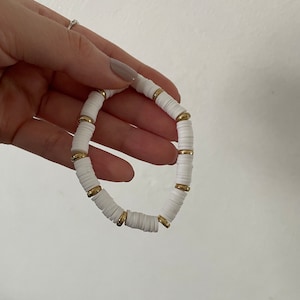 Gold charm and white beads Bracelet,Clay Beaded Bracelet,Clay Bead, Handmade, Gift, Bracelet,Bead Bracelet,Stretch Bracelet,pearl bracelet