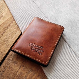 Bruin lederen kaarthouder, slanke en korte portemonnee, kleine kaarthouder, cadeau voor vriend