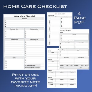 Home Health Care Helper/In Home Care Forms/Medications Record/Elderly Care/Nursing Care Sheet/Personal Care Checklist