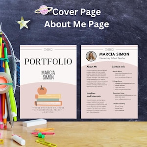 May include: A pink and white portfolio cover with the text "Portfolio" and "Marcia Simon" in black text. The cover also includes a quote by Aristotle: "Those who know do, those that understand, teach."