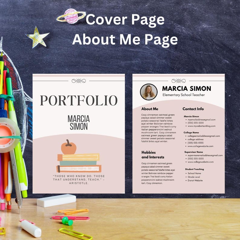 May include: A pink and white portfolio cover with the text "Portfolio" and "Marcia Simon" in black text. The cover also includes a quote by Aristotle: "Those who know do, those that understand, teach."