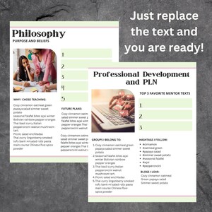 May include: A green and white graphic with the text "Philosophy" and "Purpose and Beliefs" at the top. The graphic lists five reasons why someone chose teaching and five future plans. The graphic also lists groups the person belongs to, hashtags they follow, and blogs they love. The graphic is a template for professional development and personal learning.