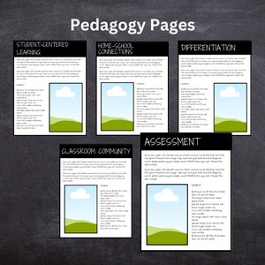 May include: Four black and white printable cards with green and blue illustrations of hills and clouds. Each card has a title: "Student-Centered Learning", "Home-School Connections", "Differentiation", "Classroom Community", and "Assessment". Each card has a description and examples of how to use the card.