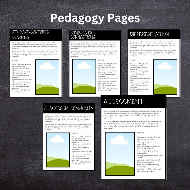 May include: Four black and white printable cards with green and blue illustrations of hills and clouds. Each card has a title: "Student-Centered Learning", "Home-School Connections", "Differentiation", "Classroom Community", and "Assessment". Each card has a description and examples of how to use the card.