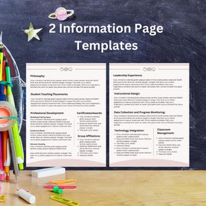 May include: Two information page templates with a pink background and black text. The templates are for a classroom or school setting. The text includes the words "Philosophy", "Leadership Experience", "Student Teaching Placements", "Instructional Design", "Professional Development", "Certificates/Awards", "Group Affiliations", "Data Collection and Progress Monitoring", "Technology Integration", and "Classroom Management".