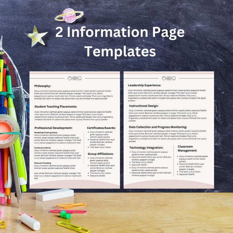 May include: Two information page templates with a pink background and black text. The templates are for a classroom or school setting. The text includes the words "Philosophy", "Leadership Experience", "Student Teaching Placements", "Instructional Design", "Professional Development", "Certificates/Awards", "Group Affiliations", "Data Collection and Progress Monitoring", "Technology Integration", and "Classroom Management".
