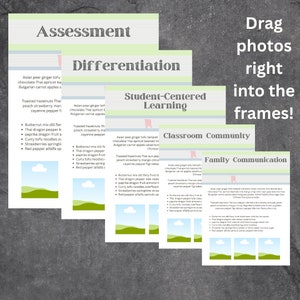May include: A set of four printable classroom posters with a green, white, and pink color scheme. The posters are titled "Assessment", "Differentiation", "Student-Centered Learning", "Classroom Community", and "Family Communication". Each poster features a list of ingredients and a small illustration of a green hill with a white cloud.