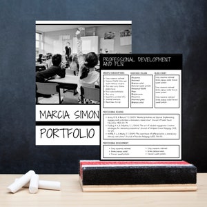 May include: A black and white image of a classroom with a teacher and students. The image is accompanied by a professional development plan with a list of groups, subscriptions, hashtags, blogs, and professional reading. The text includes the words "Marcia Simon Portfolio".