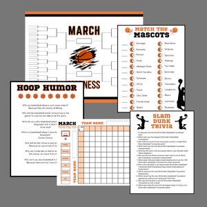 May include: Printable March Madness bracket, basketball trivia, and mascot matching game. The bracket is orange and white with a basketball graphic. The trivia and mascot game are on orange and white backgrounds with basketball graphics.