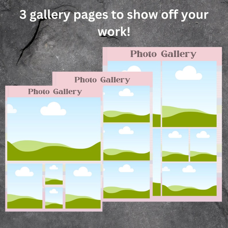 May include: Three photo gallery pages with a blue sky, white clouds, and green hills. Each page has the text "Photo Gallery" at the top.