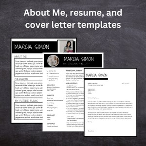 May include: Black and white resume template with the name Marcia Simon, Elementary School Educator. The resume includes a professional summary, work experience, education, expertise, languages, and references.