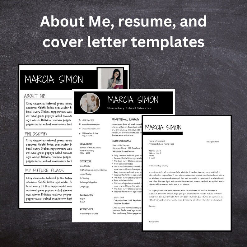 May include: Black and white resume template with the name Marcia Simon, Elementary School Educator. The resume includes a professional summary, work experience, education, expertise, languages, and references.