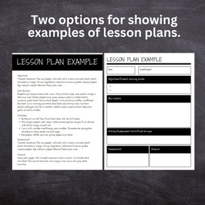 May include: Two lesson plan templates with blank fields for date, grade/subject, objectives, student learning goals, mini-lesson, activity/independent work/small groups, assessment, and closure. The first template is filled with an example of a lesson plan with objectives, introduction, activities, and assessment.