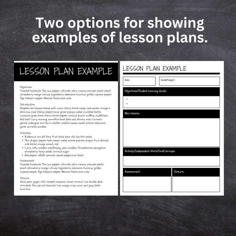 May include: Two lesson plan templates with blank fields for date, grade/subject, objectives, student learning goals, mini-lesson, activity/independent work/small groups, assessment, and closure. The first template is filled with an example of a lesson plan with objectives, introduction, activities, and assessment.