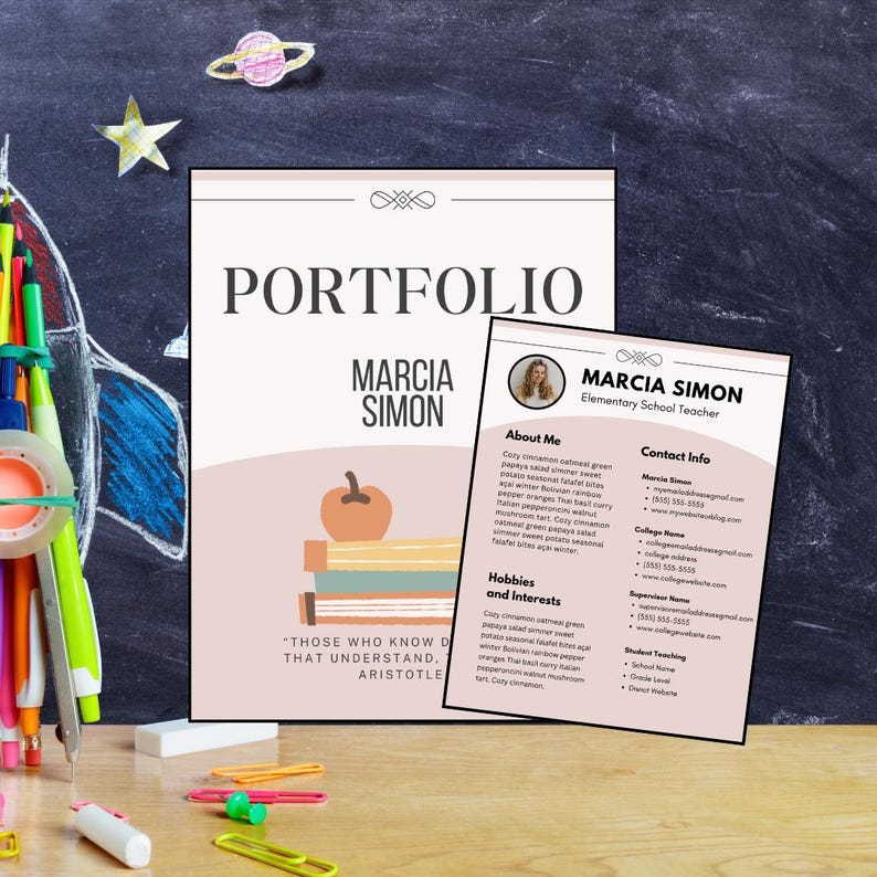 May include: A pink and white portfolio template with the text "Portfolio" and "Marcia Simon" in a black font. The template features a stack of books with an orange apple on top and the quote "Those who know do that understand. - Aristotle".