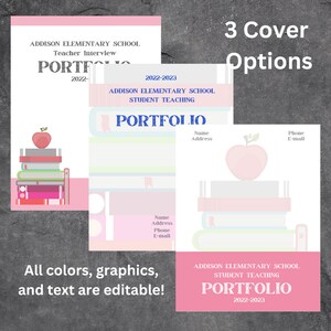 May include: Three different cover options for a student teaching portfolio. Each cover features a stack of books with an apple on top. The text on the covers reads "Addison Elementary School Student Teaching Portfolio 2022-2023".
