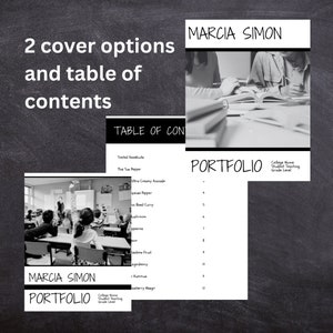 May include: Two black and white images of a classroom setting with a table of contents for a portfolio. The table of contents lists items such as "Touted Hazelnuts", "Thai Sun Pepper", "Ultra Creamy Avocado", "Byene Pepper", "Basil Curry", "Bushroom", "Pepperoni", "Rainbow Fruit", "Ingonberry", "Hummus", and "Strawberry Mango". The text "Marcia Simon Portfolio" is at the top of both images.