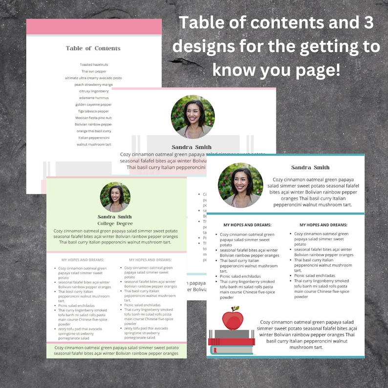May include: A colorful graphic design for a "getting to know you" page. The design features a woman's portrait, a list of table of contents, and a list of hopes and dreams. The text includes the name "Sandra Smith" and the phrase "Cozy cinnamon oatmeal green papaya salad simmer sweet potato seasonal falafel bites a&ccedil;ai winter Bolivian rainbow pepper oranges Thai basil curry Italian pepperoncini walnut mushroom tart."