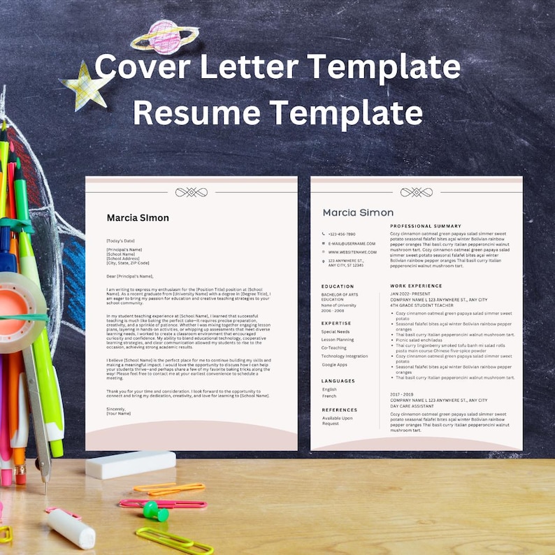 May include: A black and white resume template with a pink background. The resume is for Marcia Simon and includes her contact information, education, work experience, skills, and languages. The resume is formatted with a professional and modern design.