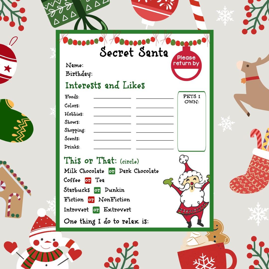 Secret Santa Data Collection Page, Teacher Pollyanna Form, Secret Pal ...