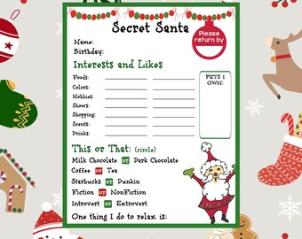 Secret Santa Data Collection Page, Teacher Pollyanna Form, Secret Pal, Christmas Gift Exchange Page, Christmas Printable