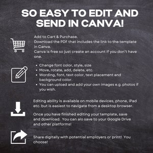 May include: A chalkboard with white text explaining how to edit and send a Canva template. The text includes instructions on how to change font color, style, size, move, rotate, add, delete, etc. The text also includes instructions on how to upload and add your own images. The text also includes instructions on how to save and download the template.