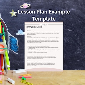 May include: A lesson plan template with a sample lesson plan for a cooking class. The lesson plan includes objectives, introduction, activities, assessment, and closure. The sample lesson plan includes a list of ingredients and activities for a cooking class.