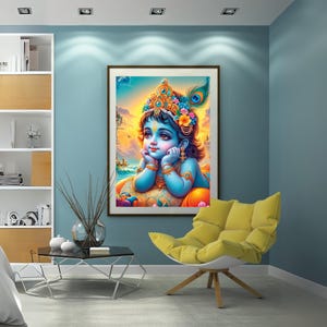 Adorable Baby Krishna Art Print | Cute Bal Gopal Wall Art | Divine Nursery Decor | Serene Ladoo Gopal Poster | Spiritual Hindu Canvas Gift