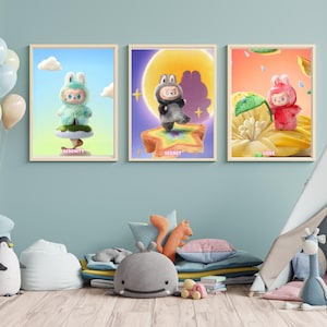 Labubu Wall Art Set of 3 – Love, Secret & Serenity | Cute Bunny Kids Room Decor | Nursery Art Print Bundle | Baby Gift | Pastel Posters