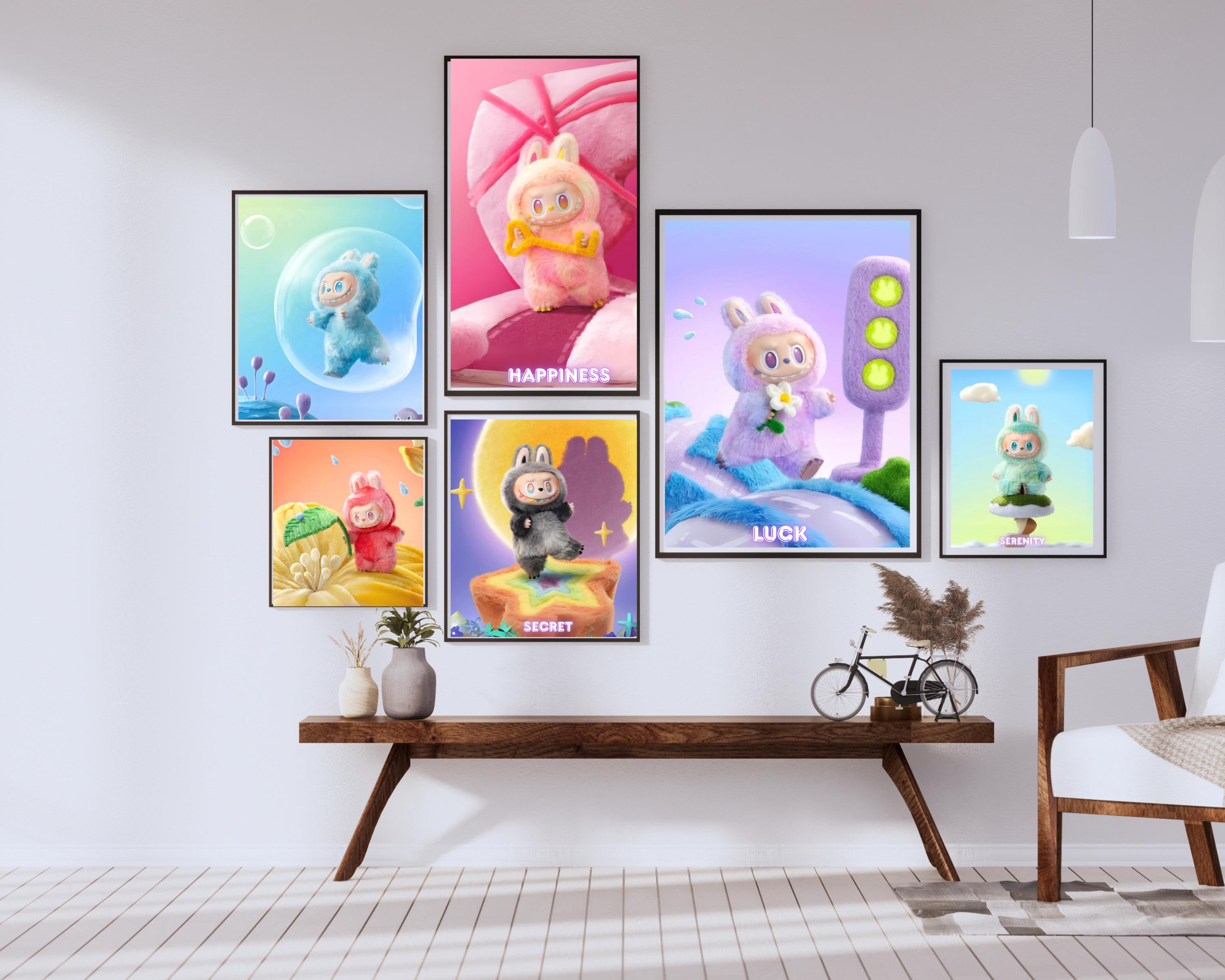 Labubu Wall Art Set of 6 | Love Hope Luck Secret Serenity