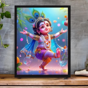 Dancing Baby Krishna Wall Art Print | Bal Gopal Wall Decor | Joyful Hindu God Wall Art | Cute Ladoo Gopal Poster | Abstract Krishna Painting