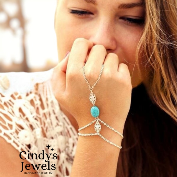 Chain Slave Bracelet for Women, Turquoise Bracelet with Dainty Design, Pendant Blue Stone Bracelet, Silver Bracelet, Gift for Her