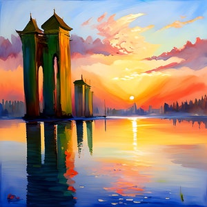 May include: A painting of a sunset over a body of water with three tall, colorful towers in the foreground. The sky is a vibrant orange and pink, with clouds reflecting in the water. The towers are reflected in the water, creating a symmetrical image.