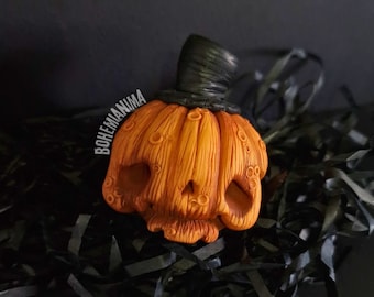 Zucca decorativa a forma di teschio, scultura di zucca in pasta polimerica, zucca ornamentale fatta a mano, zucca di Halloween