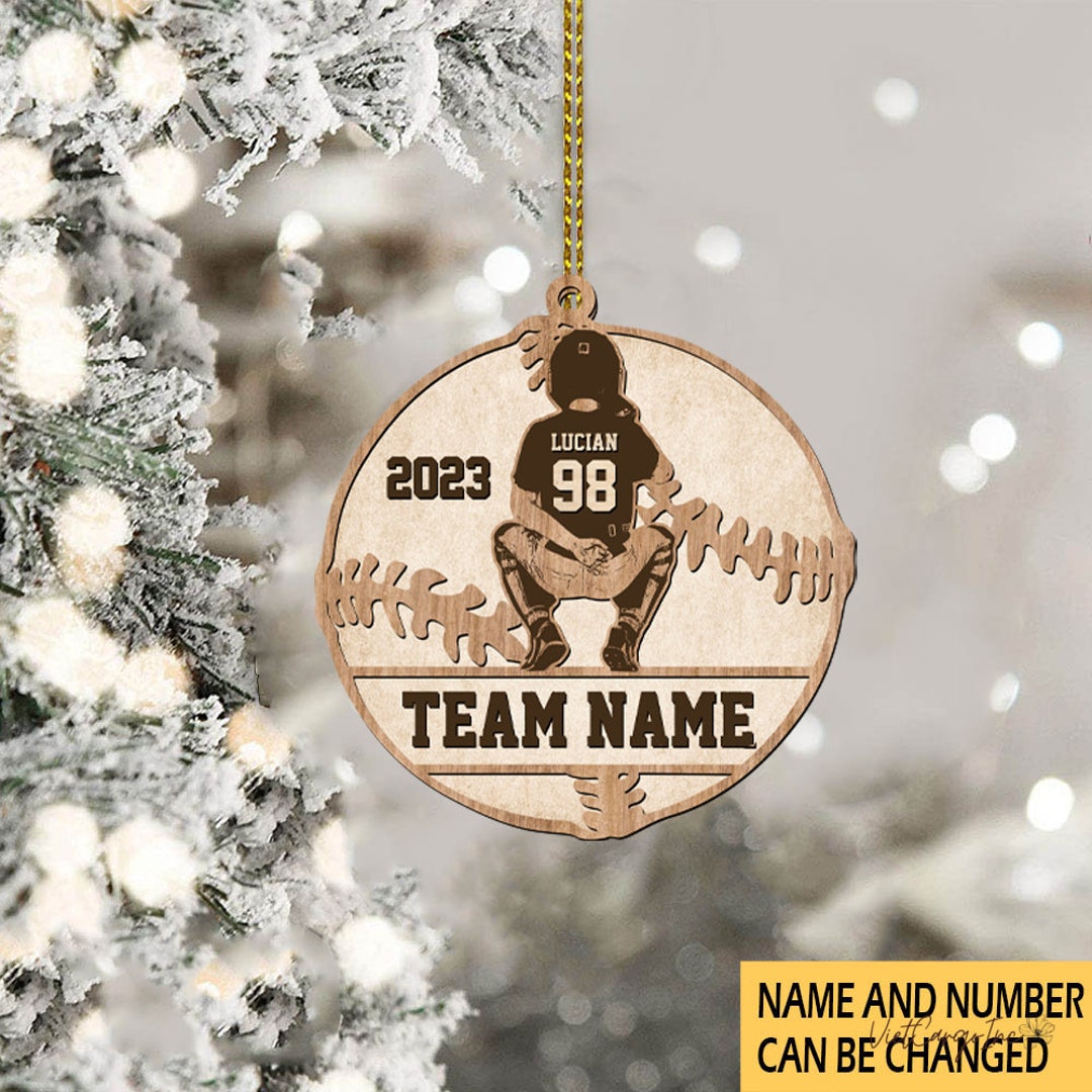 American Baseball Catcher Wood Christmas Ornamentcustom Name Number