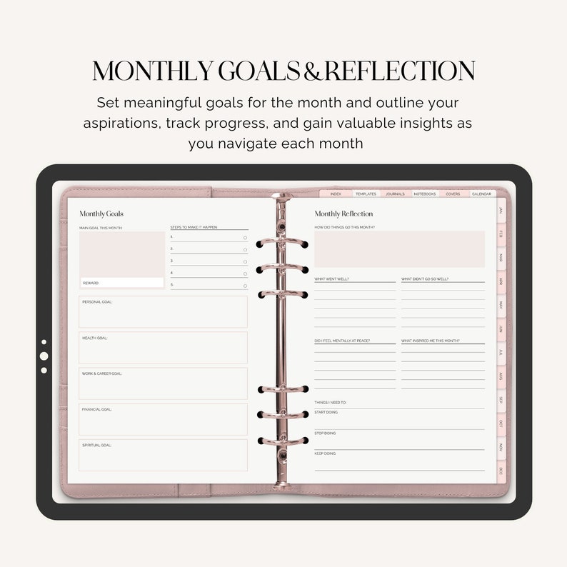 Puede incluir: Una agenda rosa con una secci&oacute;n para objetivos mensuales y reflexi&oacute;n. La agenda tiene un encuadernado de anillas doradas y est&aacute; abierta en las p&aacute;ginas de objetivos mensuales y reflexi&oacute;n. Las p&aacute;ginas est&aacute;n divididas en secciones para objetivos, pasos para que suceda, c&oacute;mo fueron las cosas este mes, qu&eacute; sali&oacute; bien, qu&eacute; no sali&oacute; tan bien, &iquest;me sent&iacute; mentalmente en paz?, &iquest;qu&eacute; me sorprendi&oacute; este mes?, cosas que necesito empezar a hacer, dejar de hacer y seguir haciendo.