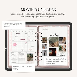 Puede incluir: Un planificador de calendario mensual rosa y dorado con un tablero de visi&oacute;n en el lado derecho. El tablero de visi&oacute;n tiene un collage de fotos con el texto "Love & Joy" y "Freedom & Passion". El texto "Envision your vision for the month, make it an inspiring masterpiece." est&aacute; debajo del collage. El calendario tiene una vista semanal con secciones para objetivos, reflexi&oacute;n, prioridades y listas de tareas. El texto "Undated, buy once, use yearly" est&aacute; en la parte inferior del calendario.