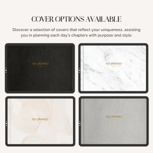 Puede incluir: Cuatro opciones de portada para una agenda. Las portadas son negra, de m&aacute;rmol blanco, beige claro con un patr&oacute;n de remolino y gris. Cada portada tiene el texto "my planner" en letras doradas.