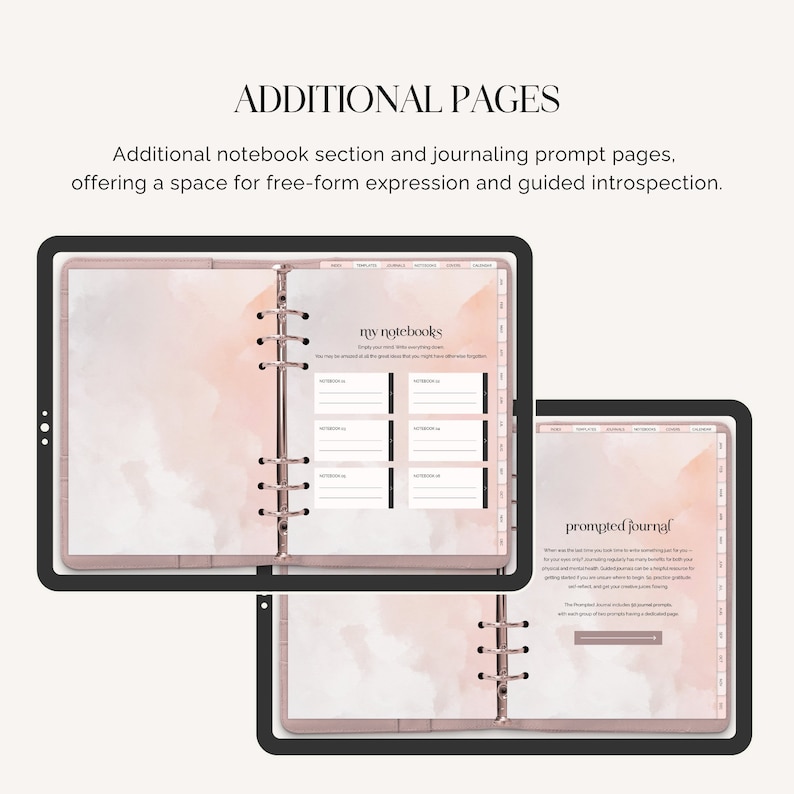 Puede incluir: Dos cuadernos de espiral abiertos con fondos de acuarela rosa. El cuaderno de la izquierda tiene el t&iacute;tulo "my notebooks" y el cuaderno de la derecha tiene el t&iacute;tulo "prompted journal".