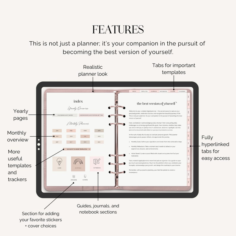 Puede incluir: Un planificador digital con una cubierta rosa y dorada. El planificador presenta un aspecto realista, pesta&ntilde;as para plantillas importantes y una secci&oacute;n para agregar pegatinas. El planificador est&aacute; abierto en una p&aacute;gina con el texto "la mejor versi&oacute;n de ti mismo" y una secci&oacute;n para la planificaci&oacute;n mensual.