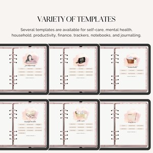 Puede incluir: Seis plantillas de planificador imprimibles diferentes para la productividad, las finanzas, el hogar, la salud mental, el cuidado personal y los rastreadores. Cada plantilla presenta una ilustraci&oacute;n de acuarela y un t&iacute;tulo.