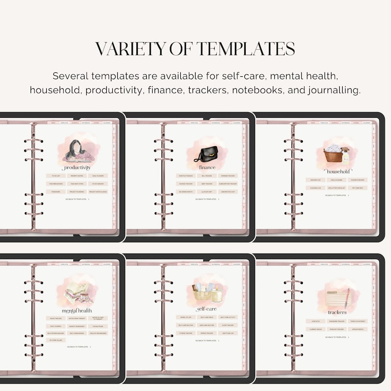 Puede incluir: Seis plantillas de planificador imprimibles diferentes para la productividad, las finanzas, el hogar, la salud mental, el cuidado personal y los rastreadores. Cada plantilla presenta una ilustraci&oacute;n de acuarela y un t&iacute;tulo.