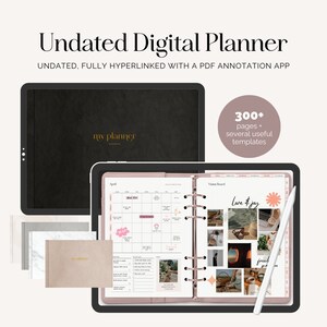 Puede incluir: Un planificador digital en una tableta con una cubierta rosa y dorada. El planificador est&aacute; abierto en una p&aacute;gina de calendario mensual y una p&aacute;gina de tablero de visi&oacute;n. El texto "my planner" es visible en la cubierta del planificador. El texto "300+ p&aacute;ginas + varias plantillas &uacute;tiles" es visible en un c&iacute;rculo rosa.